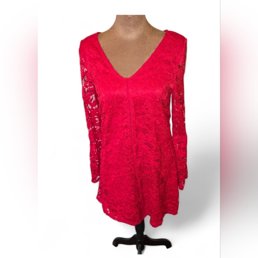 Speechless Womens Red Long Sleeve Floral Lace V Neck Tie In Back Size Medium